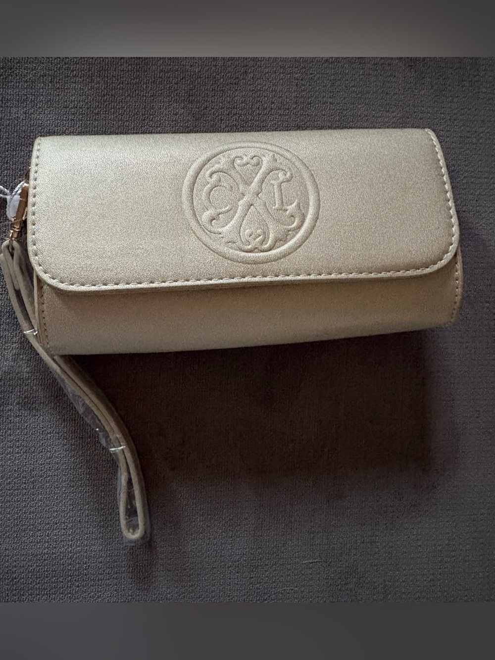Gold clutch wristlet with Embossed Logo